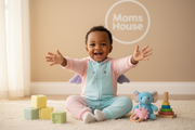 Crie uma imagem com uma criança negra, sorrindo e feliz, sentada em um tapete macio, com as mãozinhas esticadas, convidando o espectador a conhecer os produtos da loja Moms House. A criança deve usar um macacão temático de dragão em tons suaves, como um rosa bebê e um azul clarinho. Ao redor dela, devem estar alguns brinquedos infantis, criando um ambiente alegre e acolhedor. Ao fundo, inclua um detalhe sutil da logomarca da Moms House na parede. A imagem deve ter uma paleta de cores suaves, com predominânc